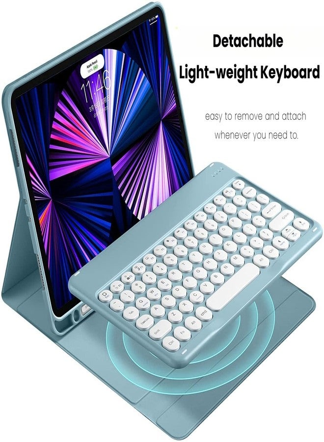 NUWONAYA Keyboard Case for Galaxy Tab S9FE/Tab S9/Tab S8/Tab S7 with Pen Holder,Slim Round Key Cute Candy Color Stand Cover with Magnetic Detachable Wireless Keyboard,Mist Blue - Image 3