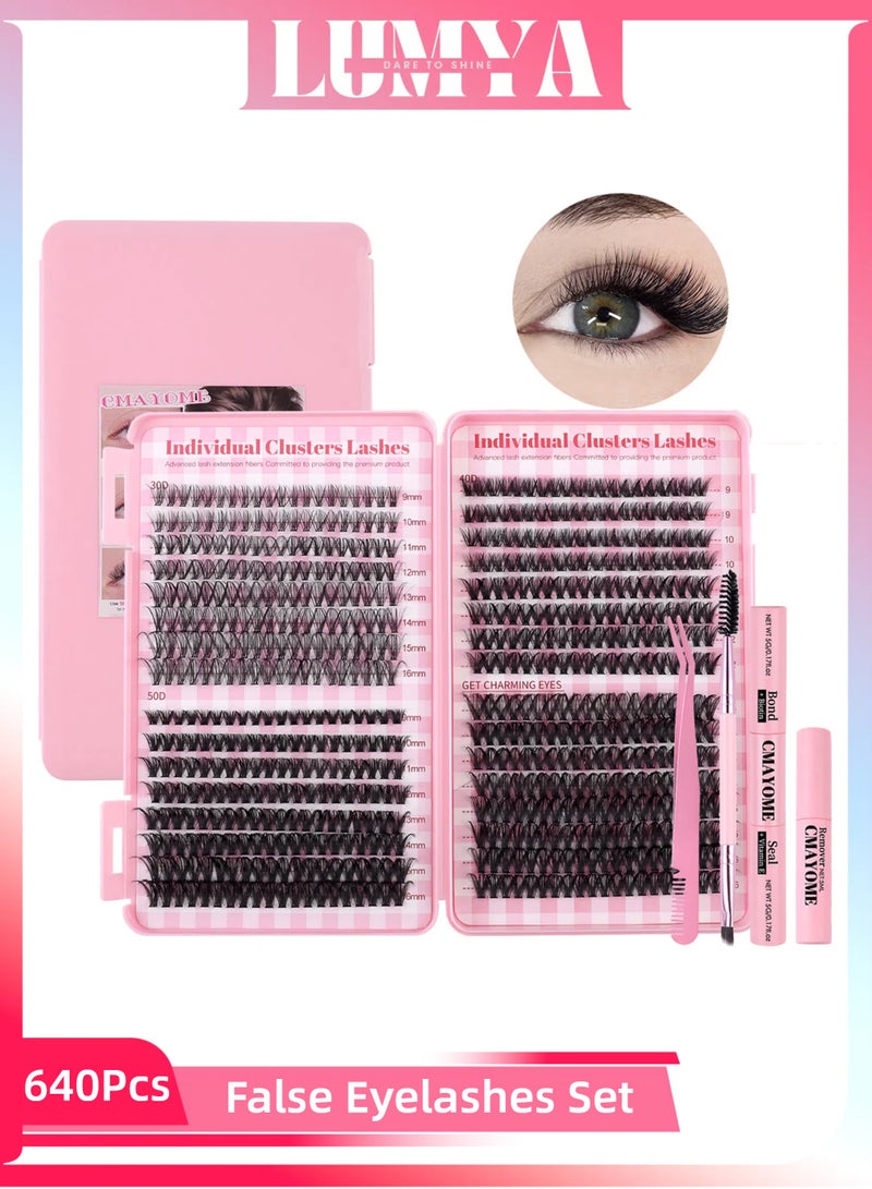 لوميا مجموعة رموش صناعية فردية مكونة من 640 قطعة، مجموعة رموش صناعية متعددة الكثافة مع رابطة وختم وملقط رموش وفرشاة ماسكارا، رموش صناعية بأطوال مختلفة 30D و40D و50D، ملقط رموش وأداة تطبيق لأدوات المكياج النسائية - Image 1
