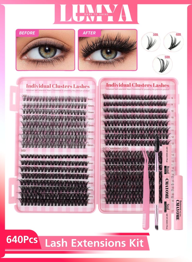 LUMYA 640 Pcs Individual Clusters Lash Extensions Kit, DIY Mixed Volume Eyelash Set with Bond, Seal, Lash Tweezers and Mascara Brush,  Mixed Length 30D 40D 50D Cluster Lashes, Lash Tweezers Applicator for Women Makeup Tools - Image 1