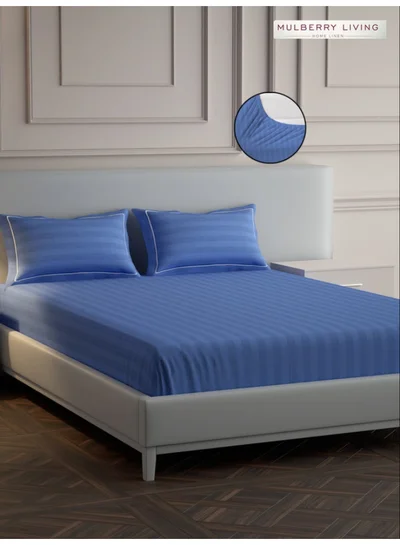 MULBERRY LIVING 100% Cotton - 300Tc Elysian Stripes King Size (180X200 Cms) Fitted Bedsheet With 2 Pillow Covers (50X75 Cm) - Mediterranean Blue
