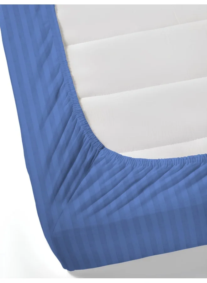 MULBERRY LIVING 100% Cotton - 300Tc Elysian Stripes King Size (180X200 Cms) Fitted Bedsheet With 2 Pillow Covers (50X75 Cm) - Mediterranean Blue