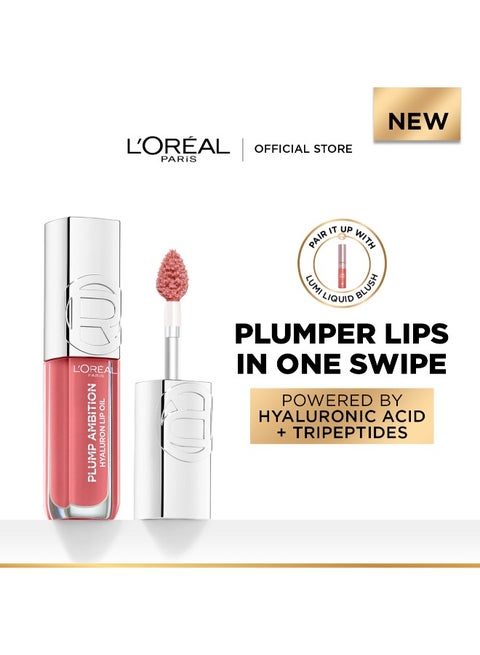 لوريال باريس بلَمب أمبيشن زيت شفاه هيالورون، زيت شفاه لتكبير الشفاه مع حمض الهيالورونيك وثلاثي الببتيدات لترطيب يدوم 24 ساعة، 5 مل، وورث إت 601