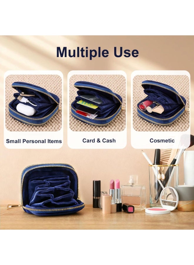 Navy Blue Velvet Double Layer Travel Jewelry Organizer Pouch with Dual Zippers, 11 Compartments for Rings, Earrings, Bracelets - Image 3