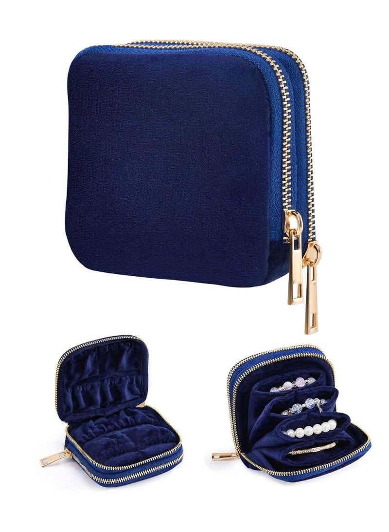 Navy Blue Velvet Double Layer Travel Jewelry Organizer Pouch with Dual Zippers, 11 Compartments for Rings, Earrings, Bracelets - Image 1