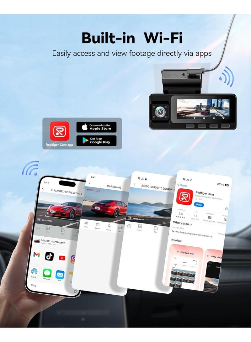 REDTIGER A3 3 Channel Dash Cam Front Rear, 1440P+1080P+1080P Dash Camera, Support Arabic language, Included 32GB Card, 24H Parking Mode, 3.18''Screen Car Camera, WiFi, IR Night Vision, Loop Recording - Image 2