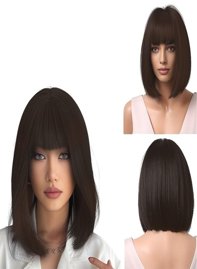 بلوشيا باروكة بوب من BLUSHIA للنساء، تغطي الرأس بالكامل، باروكة بوب قصيرة بنية اللون، باروكة شعر صناعي قصير يصل إلى الكتفين مع غرة، باروكة بوب مستقيمة للنساء، 14 بوصة - Image 1