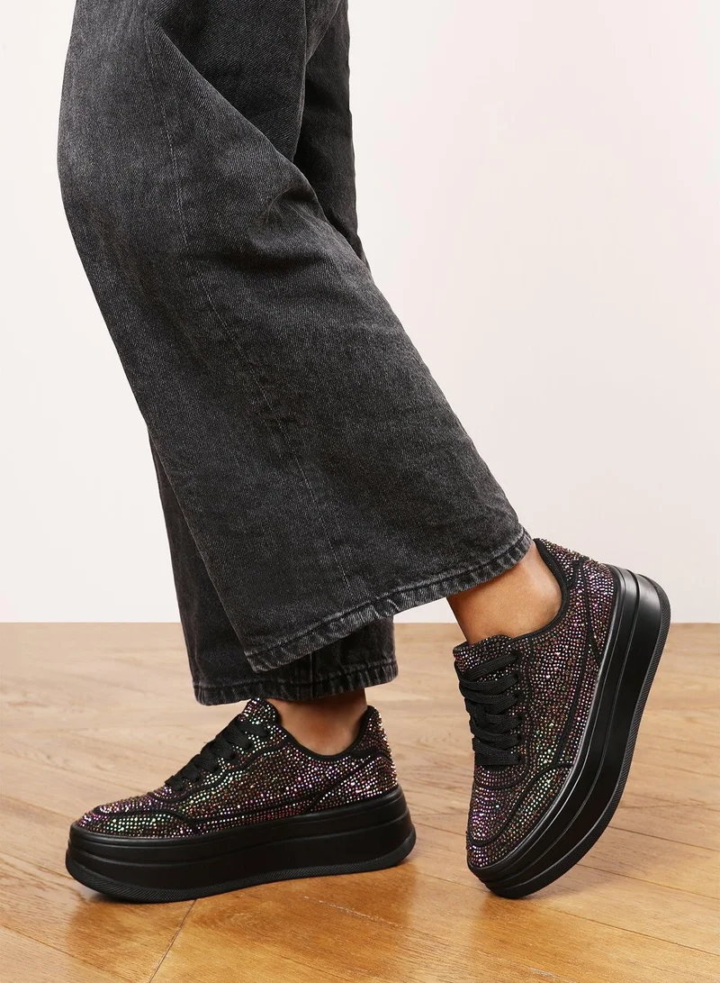 Where's That From 'Darcia' Wedge Lace Up trainer with diamante Detail