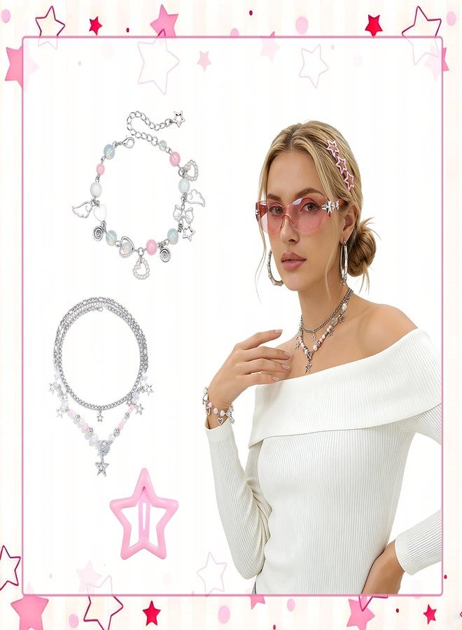 Yi-gog Y2k Costume Accessories Kit for Women Star Necklace Bracelet Silver Hair Clips Vintage Jewelry Set Birthday Party Gift - Image 5