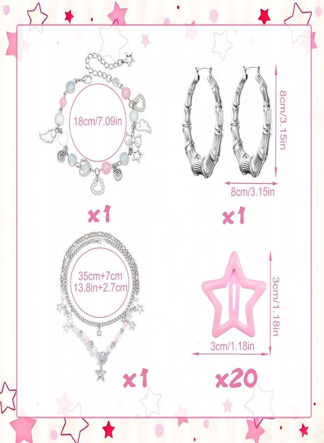 Yi-gog Y2k Costume Accessories Kit for Women Star Necklace Bracelet Silver Hair Clips Vintage Jewelry Set Birthday Party Gift - Image 4