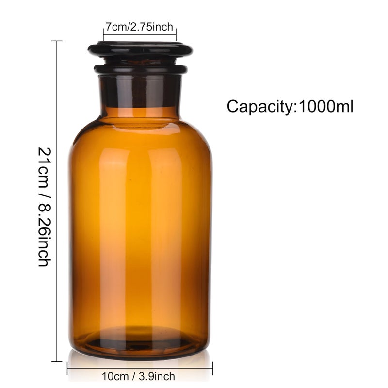 Kestun Lab Glass Reagent Bottle,Wide Mouth Glass Storage Bottle with Ground Stopper,Decorative Bottles/Vase (Amber, 1000ML) - Image 2
