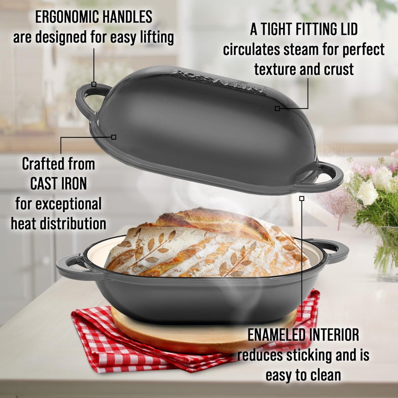 ROSSALLINI Signature Enameled Cast Iron Sourdough Bread Oven | Non-Stick with Tight Fitting Lid for Perfect Baking and Bread Making | 2QT Oval Oven With Lid [Oyster Grey] - Image 4