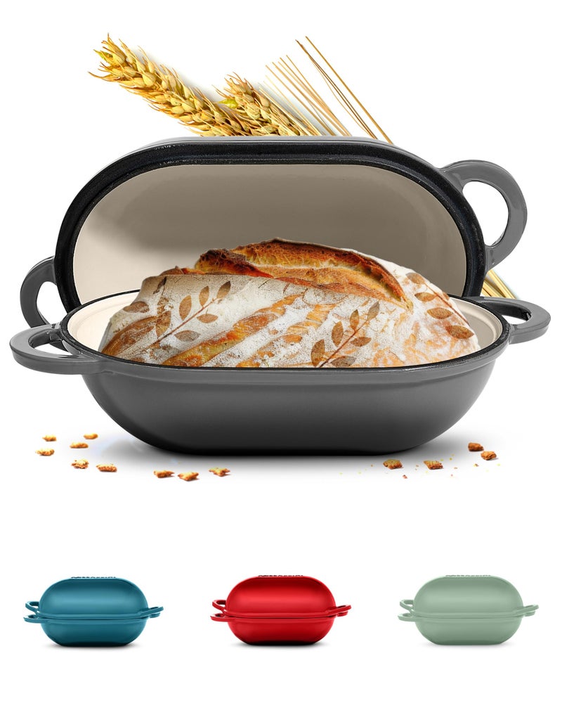 ROSSALLINI Signature Enameled Cast Iron Sourdough Bread Oven | Non-Stick with Tight Fitting Lid for Perfect Baking and Bread Making | 2QT Oval Oven With Lid [Oyster Grey] - Image 1