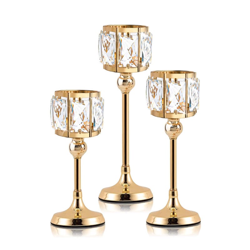 kehail Set of 3 Cup Crystal Tealight Candle Holders, Centerpieces for Table Wedding Centerpieces Crystal Decorative Tealight Candle Dining Table Candle Holder Decor for Party (8.7"+10.6"+12.2", Gold) - Image 1