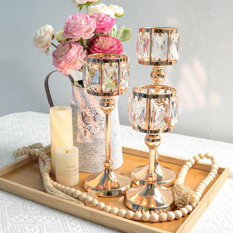 kehail Set of 3 Cup Crystal Tealight Candle Holders, Centerpieces for Table Wedding Centerpieces Crystal Decorative Tealight Candle Dining Table Candle Holder Decor for Party (8.7"+10.6"+12.2", Gold) - Image 2