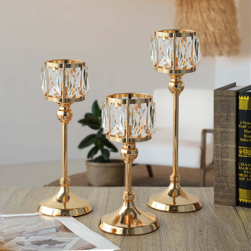 kehail Set of 3 Cup Crystal Tealight Candle Holders, Centerpieces for Table Wedding Centerpieces Crystal Decorative Tealight Candle Dining Table Candle Holder Decor for Party (8.7"+10.6"+12.2", Gold) - Image 4