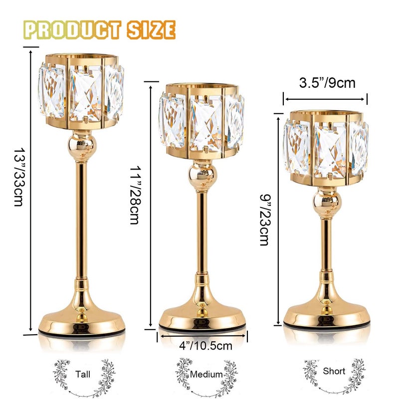 kehail Set of 3 Cup Crystal Tealight Candle Holders, Centerpieces for Table Wedding Centerpieces Crystal Decorative Tealight Candle Dining Table Candle Holder Decor for Party (8.7"+10.6"+12.2", Gold) - Image 3