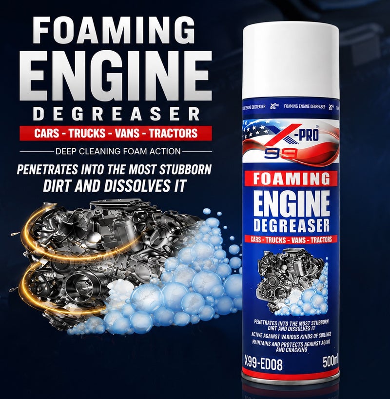 X99-PRO X99-ED08 Foaming Engine Degreaser Spray 500ml (2 PCS) Heavy Duty Engine Cleaner Foam for Cars Trucks Vans Tractors Motorcycles Grease Oil Grime Remover Fast Acting Engine Bay Cleaner Metal Parts Maintenance Formula Care - Image 2
