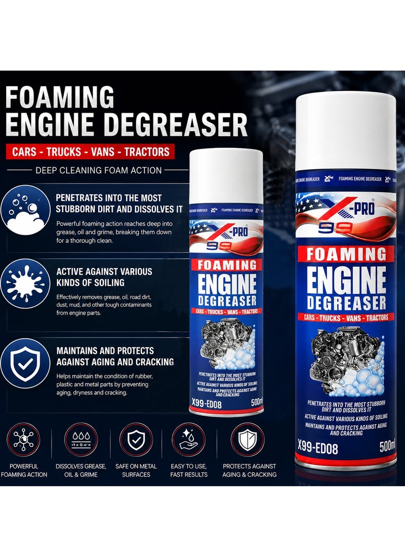 X99-PRO X99-ED08 Foaming Engine Degreaser Spray 500ml (2 PCS) Heavy Duty Engine Cleaner Foam for Cars Trucks Vans Tractors Motorcycles Grease Oil Grime Remover Fast Acting Engine Bay Cleaner Metal Parts Maintenance Formula Care - Image 3