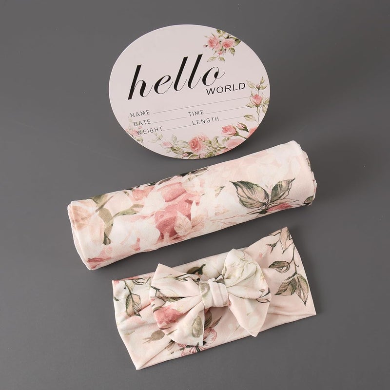Galabloomer Newborn Receiving Blanket Headband Set Flower Print Baby Swaddle Blankets (Vintage) - Image 2