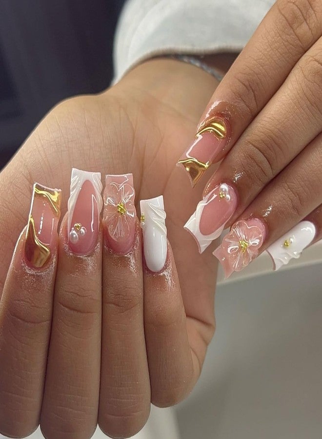 KZBTRBT French Tip Press on Nails Medium with 3D Sun Flower Design Fake Nails Full Cover Artificial Glue on Nails Nude Stick on Nails Short Square Nails for Women Manicure Decorations Tips 24Pcs - Image 1