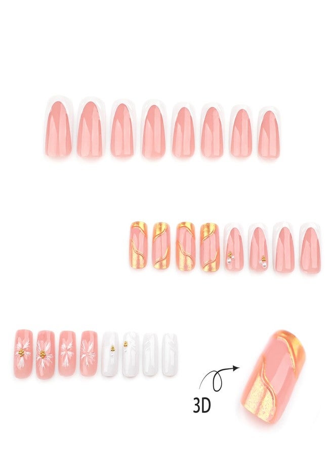 KZBTRBT French Tip Press on Nails Medium with 3D Sun Flower Design Fake Nails Full Cover Artificial Glue on Nails Nude Stick on Nails Short Square Nails for Women Manicure Decorations Tips 24Pcs - Image 2