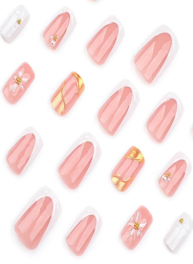 KZBTRBT French Tip Press on Nails Medium with 3D Sun Flower Design Fake Nails Full Cover Artificial Glue on Nails Nude Stick on Nails Short Square Nails for Women Manicure Decorations Tips 24Pcs - Image 3