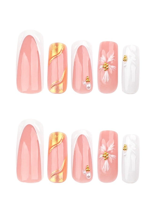 KZBTRBT French Tip Press on Nails Medium with 3D Sun Flower Design Fake Nails Full Cover Artificial Glue on Nails Nude Stick on Nails Short Square Nails for Women Manicure Decorations Tips 24Pcs - Image 5