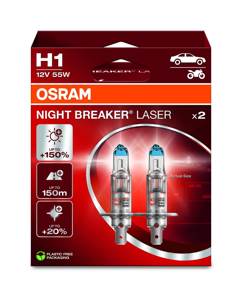 OSRAM Night Breaker Laser H1 150 More Brightness Halogen Headlight Bulb 64150NL2HB 12 V Car Hanging Box 2 Lamps White