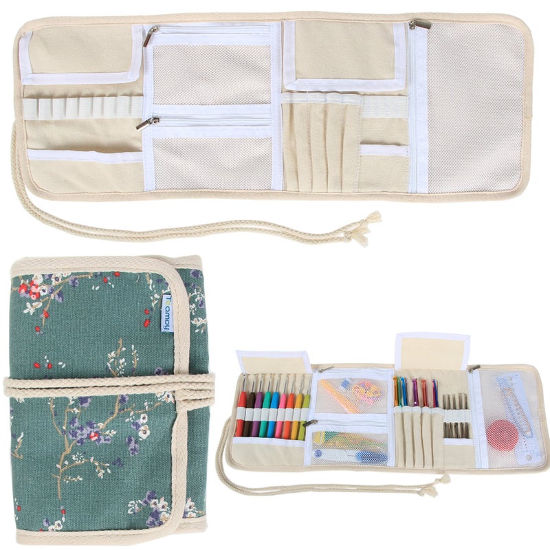 Teamoy Crochet Hook Case Roll Bag Holder Organizer for Various Crochet Needles and Knitting Accessories Plum Flowers