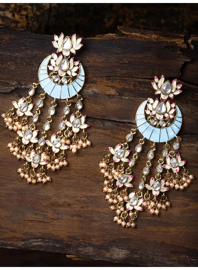 erorex Lotus Design Enamelled 22K Metal Gold Plated Dangle Earring For Women Zpfk8783  - Image 2