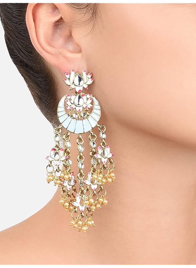 erorex Lotus Design Enamelled 22K Metal Gold Plated Dangle Earring For Women Zpfk8783  - Image 3