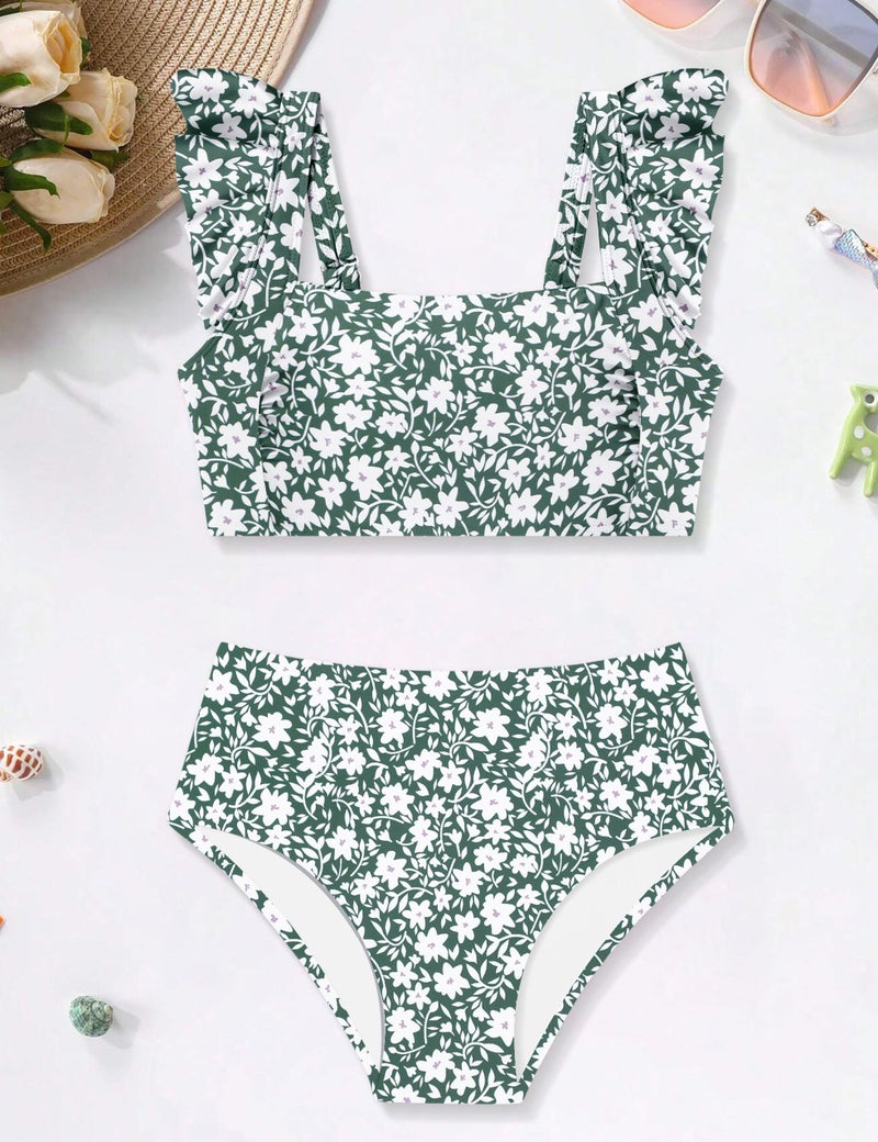 ZAANTI Swim Suits for Girls 10-12 Years Old Adjustable Shoulder Straps Ruffle Trim Bathing Suits for Teen Girls Square Neck Removable Chest Pad Bikini Set with Shorts Green Floral Print - Image 5