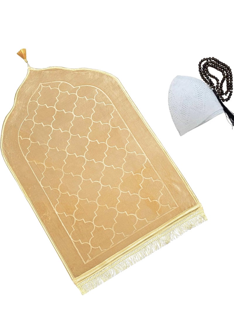 Jinou Prayer Mat with free namaz cap and tasbih beeds – Made With Premium Quality Turkish Velvet with Memory Foam – Ramadan Gift Prayer Rug for Men, Women and Grandparents and Kids.  - Image 1