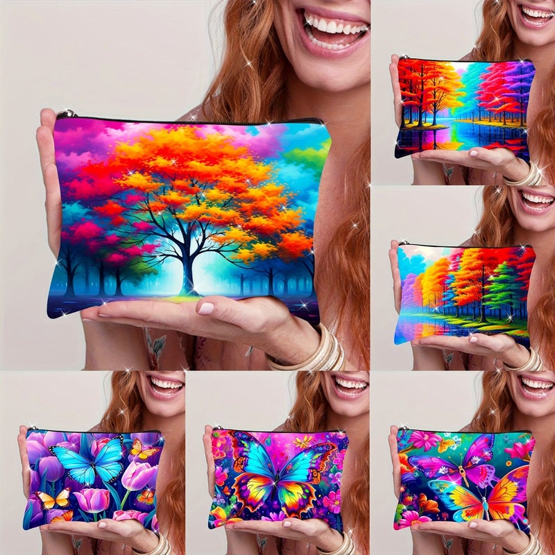 Linen Double Side Printed Cosmetic Bag With Tree Of Life And Butterflies Pattern 10 24x7 08 Inch Travel Essential Zipper Storage Organizer For Charging Cable And Personal Items Best Gift - Image 1