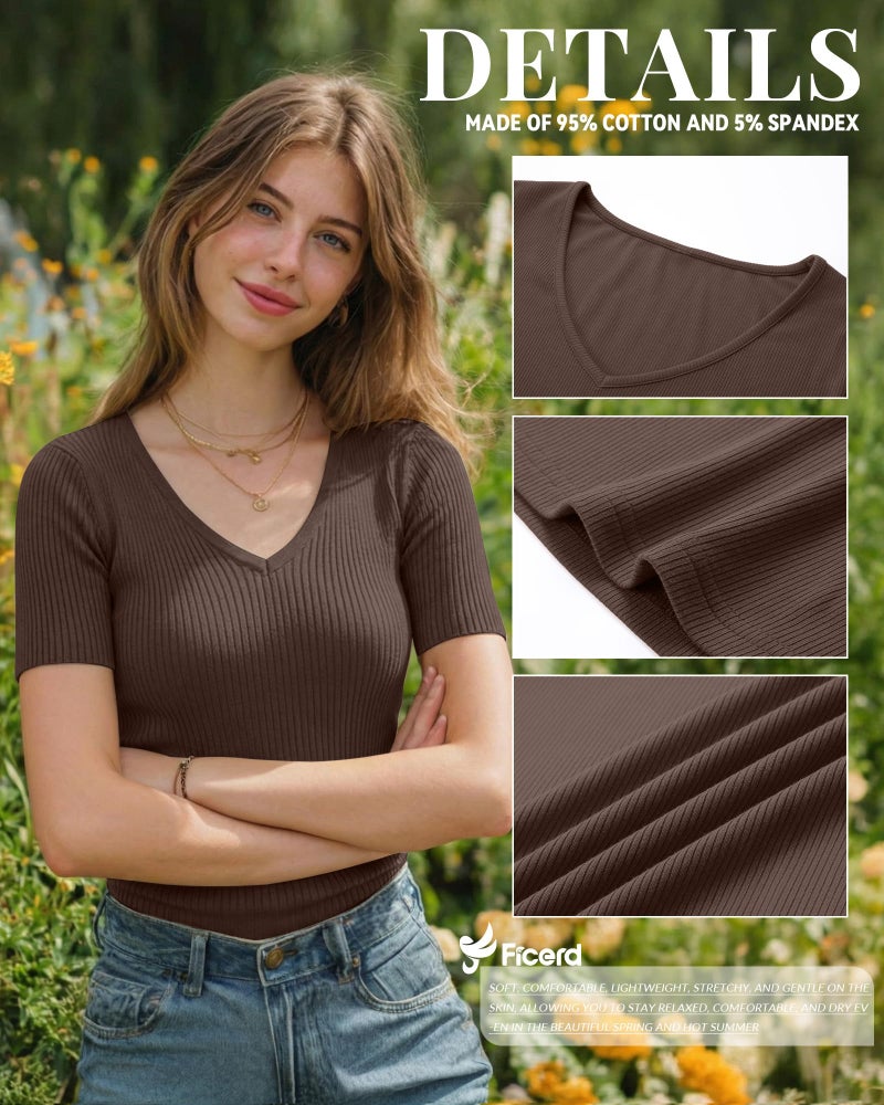 Ficerd 3 Pack Women's Short Sleeve Cotton T-Shirts V Neck Ribbed Slim Fit Tops Ladies' Casual Summer Basic Tee(Black, White, Brown,M) - Image 5