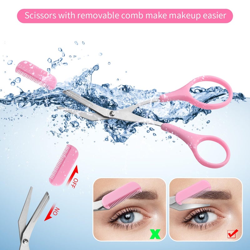 JIAKAI 3 قطع - مقص حواجب مع شفرة حواجب، مقص حواجب احترافي مع مشط، مقص حواجب بمقابض غير قابلة للانزلاق، ملحقات تجميل لإزالة الشعر للرجال والنساء (أسود، وردي، أزرق) - Image 4