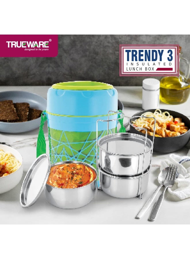 Trueware علبة غداء ترووير تريندي 3 مع 3 حاويات من الفولاذ المقاوم للصدأ، سعة 300 مل × 3 | معزولة بمادة البولي يوريثان | علبة غداء | علبة طعام | علبة غداء ساخنة | مانعة للتسرب - Image 2