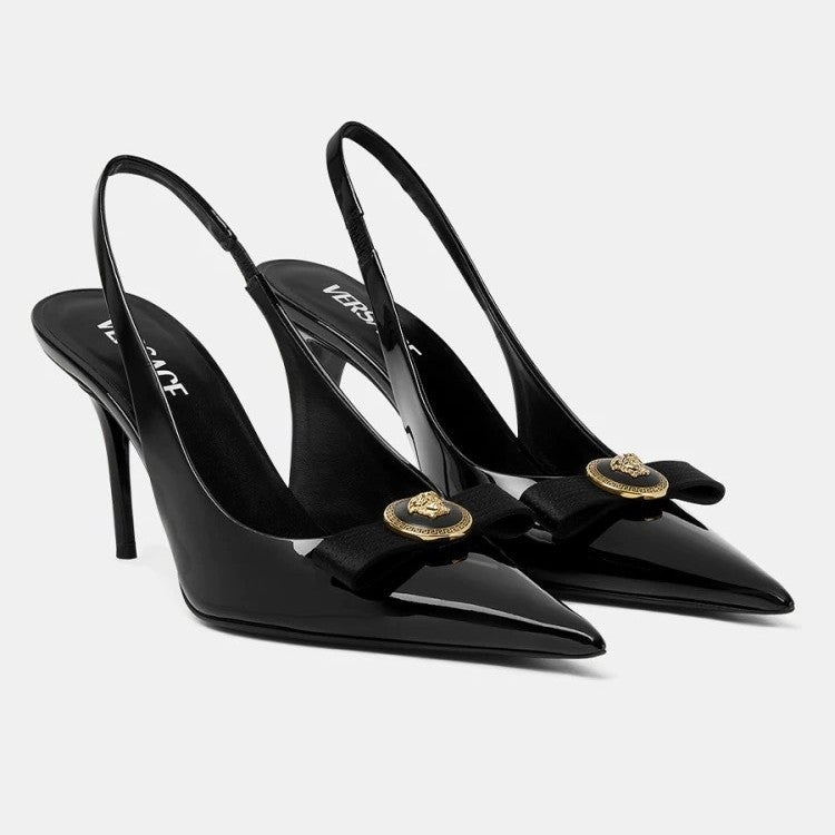 French Style Socialite Patent Leather Mirrored Point-Toe Stiletto Heel High Heels Hole Bow Shallow Heel Sandals - Image 3