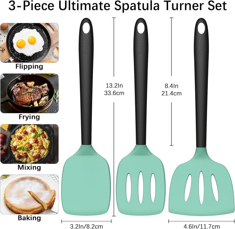 Coukre 3 Pack Silicone Spatula Set, High Heat Resistant, BPA-Free, Fish Spatula, Solid & Slotted Turner for Non-Stick Pans, Flipping Eggs, Pancakes, Fish, Burgers (3, AquaGreenBlack) - Image 2
