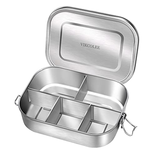 VIKCOLEE Stainless Steel Bento Lunch Food Box Container, 5-Compartment Large 1400ML Metal Lunch Box Container for Adults with Lockable Clips to Leak - Dishwasher Safe - Image 1