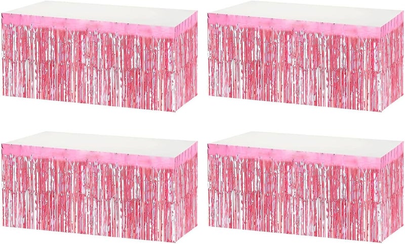 Aimto 4 Pack Metallic Foil Fringe Tinsel Table Skirts,29x108 Inch Party Disposable Table Skirt Banner for Hotel Banquet Parade Floats Mardi Gras Holiday Birthday Wedding New Year Party Decoration(Pink) - Image 1
