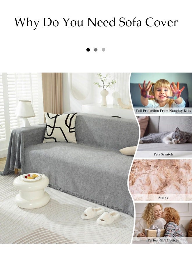 DUNISO غطاء أريكة، بطانية شينيل مع خيوط، غطاء واقي للأثاث مغطى بالكامل، مضاد للغبار ومضاد للانزلاق، قابل للاستخدام من الجانبين، مناسب لأريكة بمقعدين، 180 * 230 سم، رمادي - Image 4