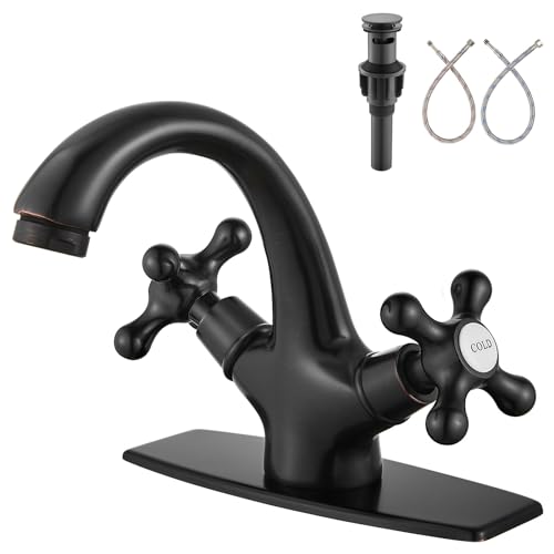 Aolemi Bathroom Sink Faucet Single Hole Cold and Hot Double Handle Cross Knobs Vanity Vessel Sink Basin Mixer Tap with Deck Cover Plate with Pop Up Drain Oil Rubbed Bronze - Image 1