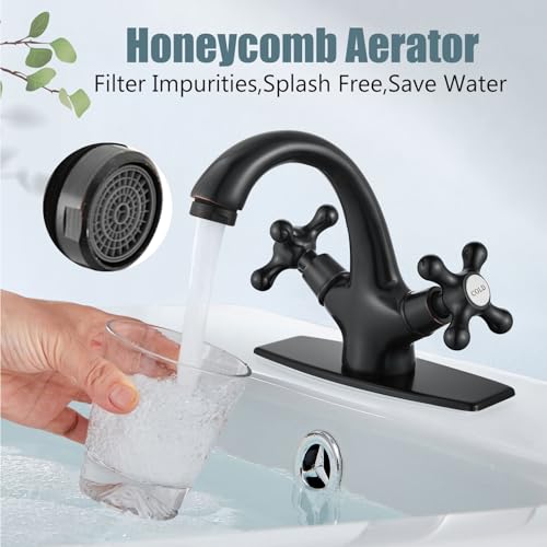 Aolemi Bathroom Sink Faucet Single Hole Cold and Hot Double Handle Cross Knobs Vanity Vessel Sink Basin Mixer Tap with Deck Cover Plate with Pop Up Drain Oil Rubbed Bronze - Image 2