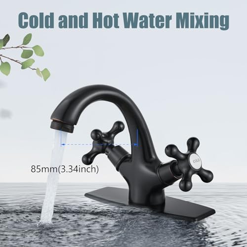 Aolemi Bathroom Sink Faucet Single Hole Cold and Hot Double Handle Cross Knobs Vanity Vessel Sink Basin Mixer Tap with Deck Cover Plate with Pop Up Drain Oil Rubbed Bronze - Image 4