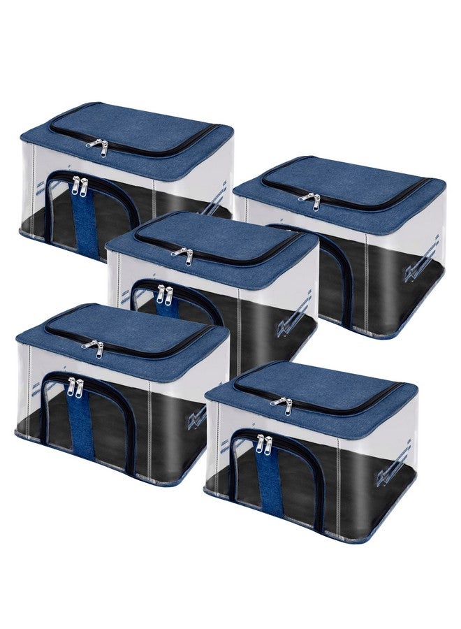 Storite Nylon 33 L PVC Transparent Moisture Proof Storage box for Clothes Closet Wardrobe Organizer for Clothes Saree Bags with Carry Handle (DarkBlue, 5 Pack) - Image 1