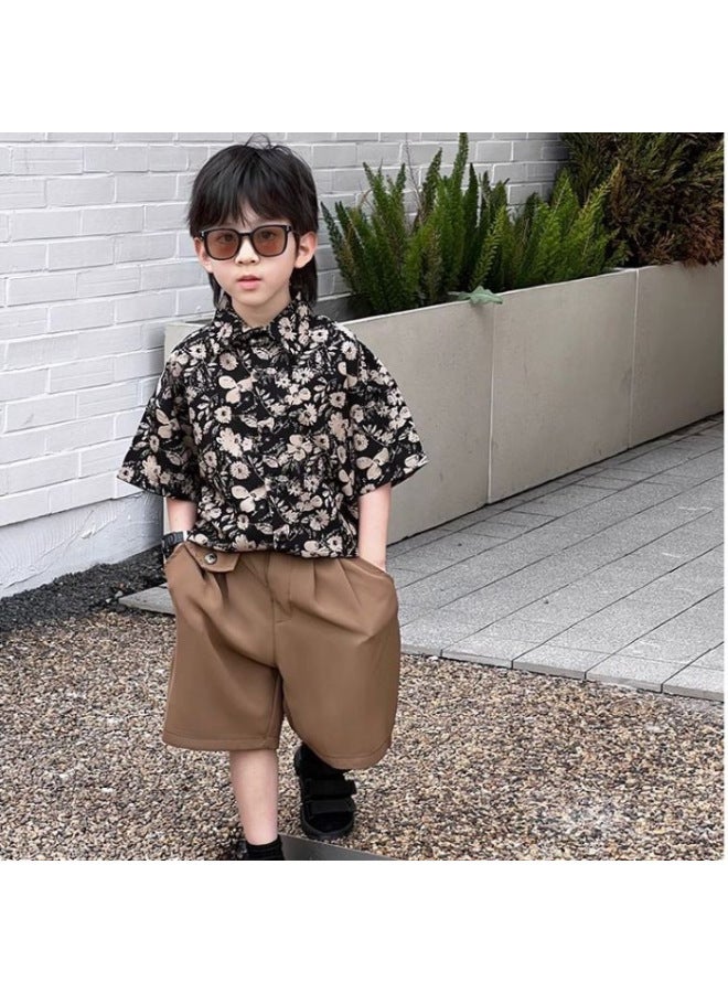 Official Image [four-sided Elastic Print] Boys' Clothing, Handsome And Fashionable Black Style Floral Short-sleeved Shirt Baby Floral Lining
