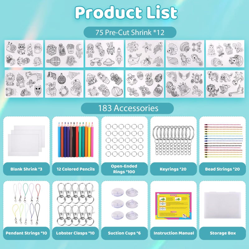Funtopia Shrinking Art Sheets Kits for Kids, 75 Pre-Cut Shrink Paper Craft Keychain Making Kit, 12 Themes DIY Shrink Art Plastic Sheets with Charms and Keychains Accessories - Image 2