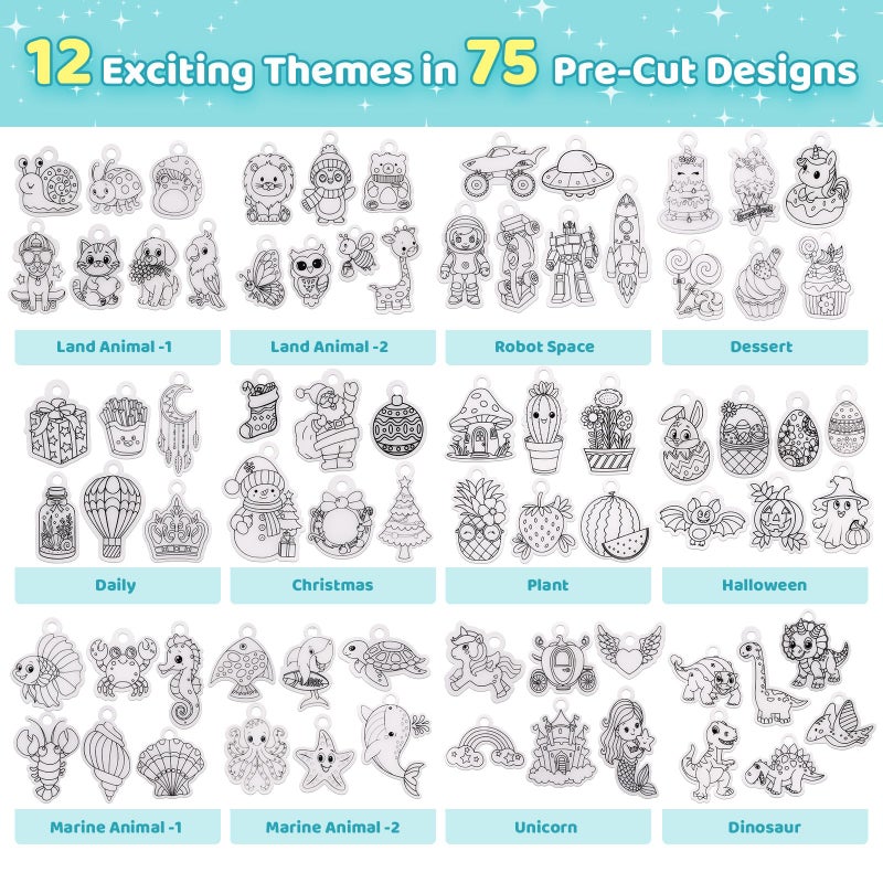 Funtopia Shrinking Art Sheets Kits for Kids, 75 Pre-Cut Shrink Paper Craft Keychain Making Kit, 12 Themes DIY Shrink Art Plastic Sheets with Charms and Keychains Accessories - Image 4