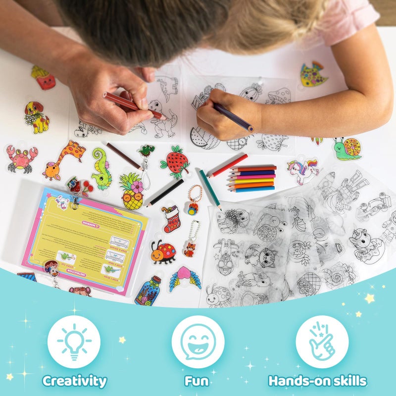 Funtopia Shrinking Art Sheets Kits for Kids, 75 Pre-Cut Shrink Paper Craft Keychain Making Kit, 12 Themes DIY Shrink Art Plastic Sheets with Charms and Keychains Accessories - Image 3